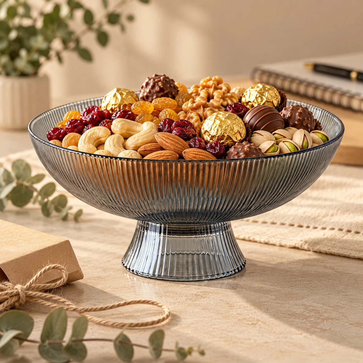 Smoky Blue Fluted Glass Fruit Bowl on Pedestal - view 4